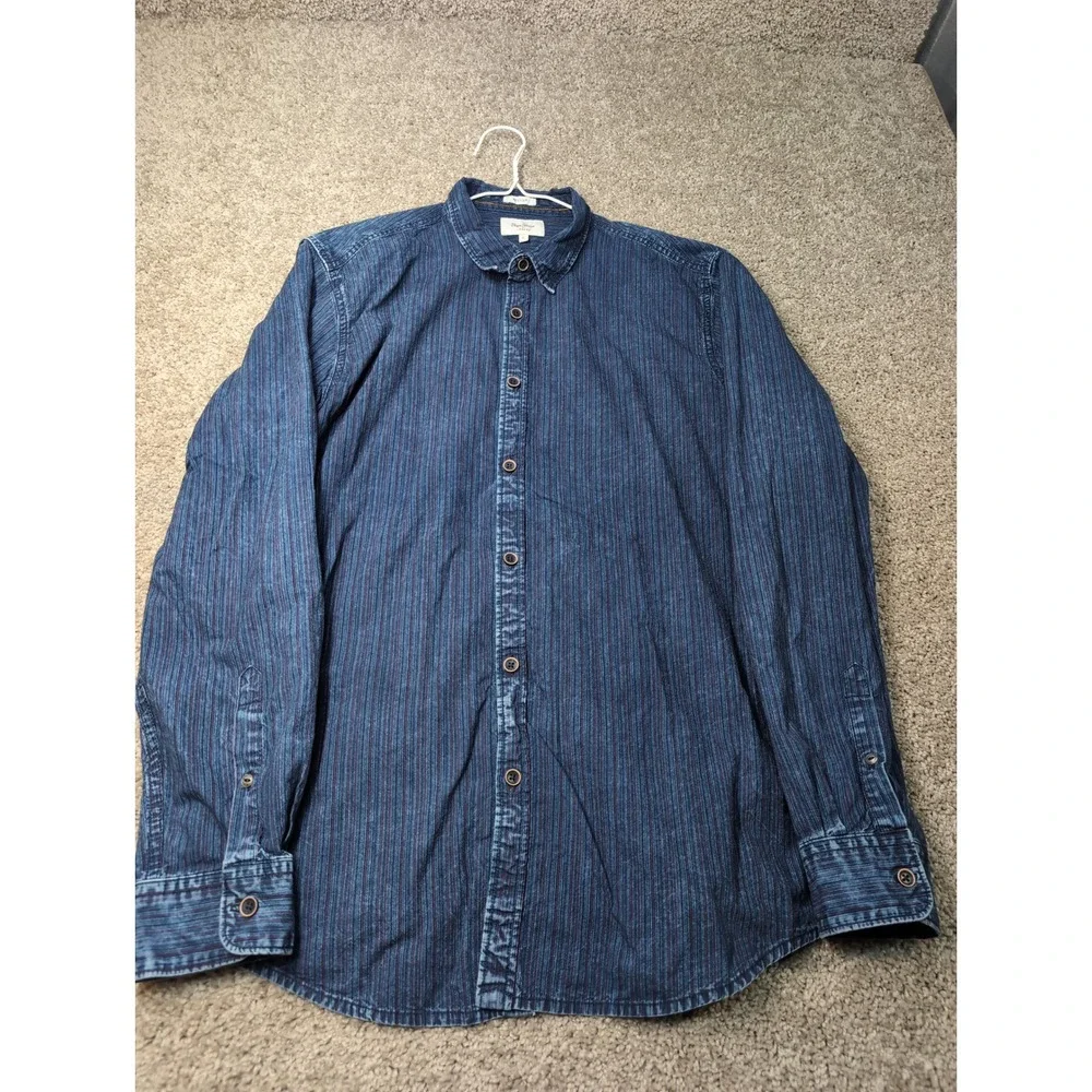 Pepe Jeans London Otto Mens XL Blue Striped‎ Cotton Button Down Shirt PM306280